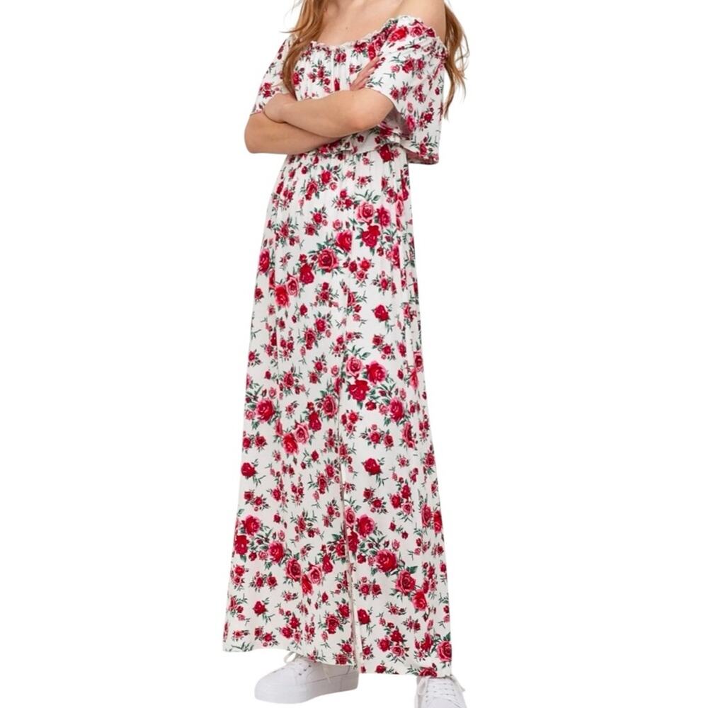 HM Divided Floral Rose Maxi Dress 8 Off Shoulder White Milkmaid Boho High Slit